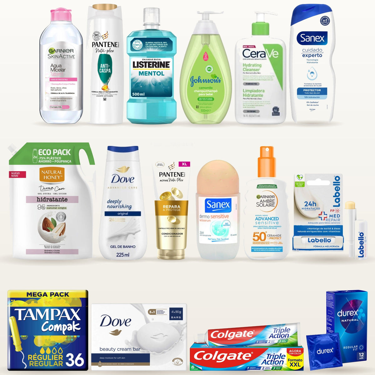 Beauty, health and personal care: Garnier micellar water, Pantene, Listerine, Johnson's Baby, CeraVe, Sanex, Dove, Labello, Tampax, Colgate and Durex