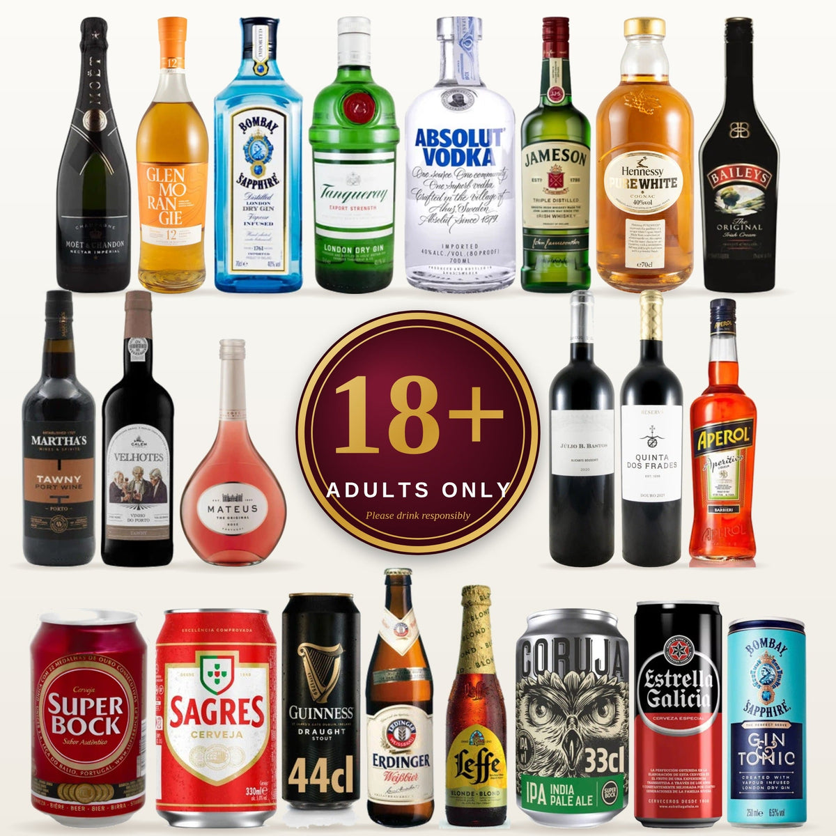 Beer, wine and spirits for adults 18+ only: champagne, whisky, gin, vodka, cognac, port, Portuguese wine, Aperol and beers from Super Bock, Sagres, Guinness and Erdinger