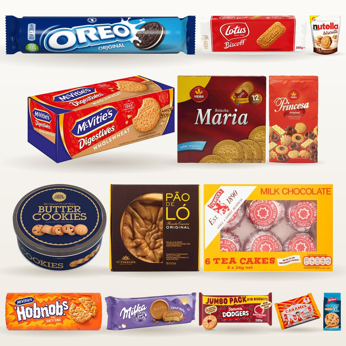 Biscuits, cookies and cakes: Oreo, Lotus Biscoff, Nutella Biscuits, McVitie's Digestives and Hobnobs, Vieira Maria, Pão de Ló, butter cookie tin, Tunnock's tea cakes and Jammie Dodgers