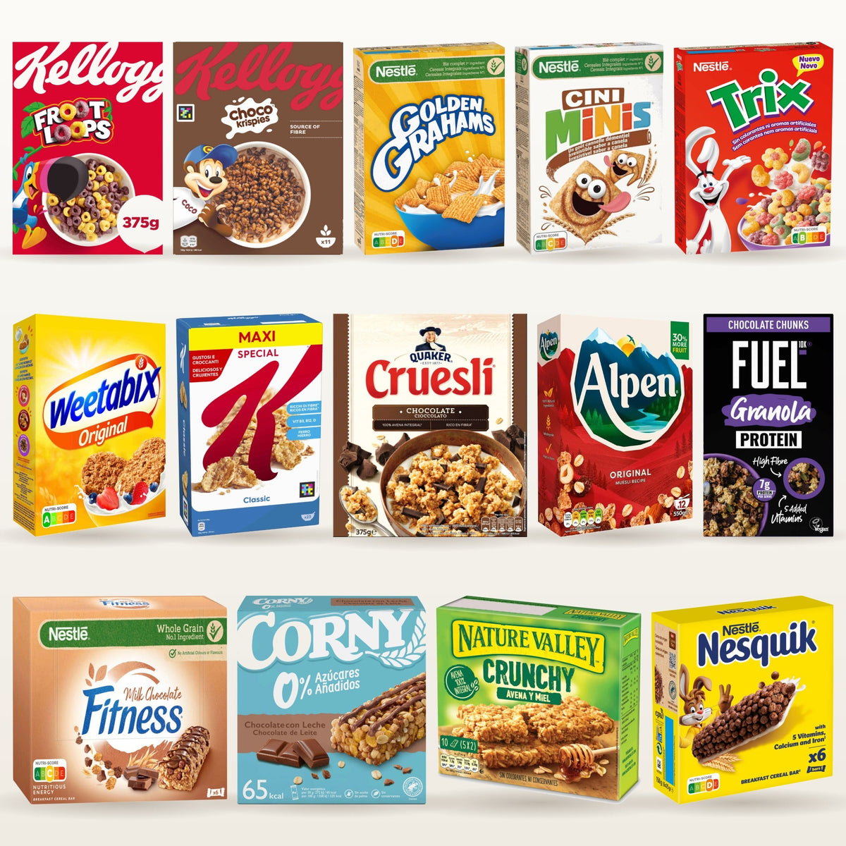 Cereals, granola and energy bars with Kellogg's, Nestlé, Weetabix, Quaker, Alpen, Corny and Nature Valley