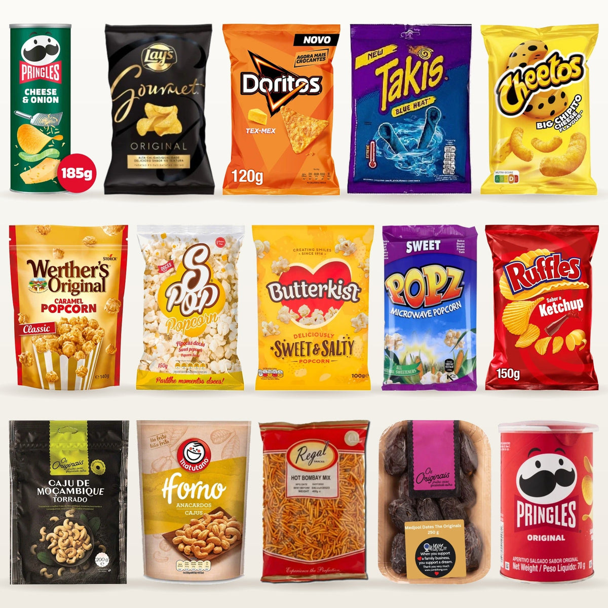 Chips, popcorn and snacks with Pringles, Lay's, Doritos, Takis, Cheetos, Werther's popcorn, cashews and dates