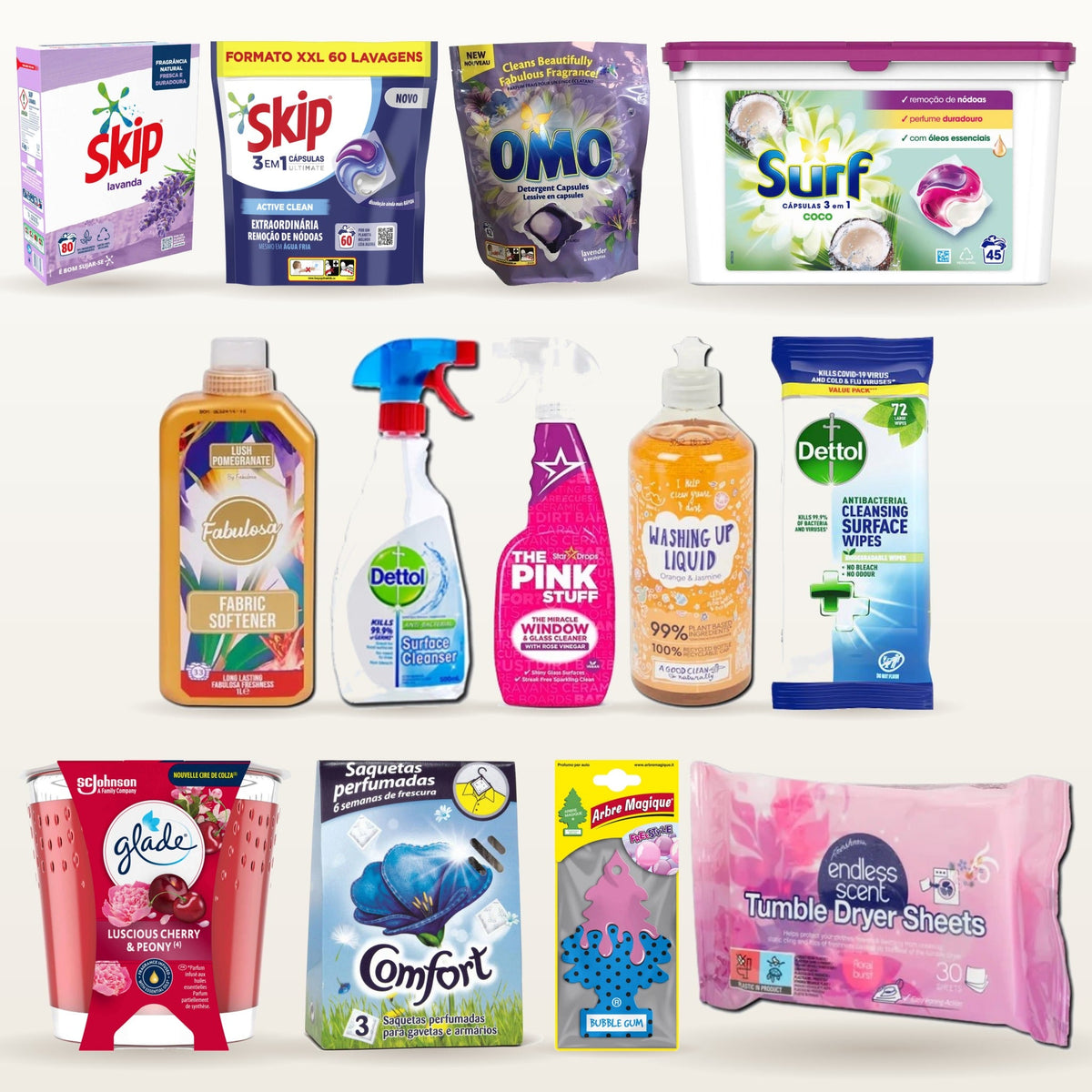 Cleaning and household products including Skip, Omo and Surf laundry, Dettol, The Pink Stuff, Glade candles and air fresheners