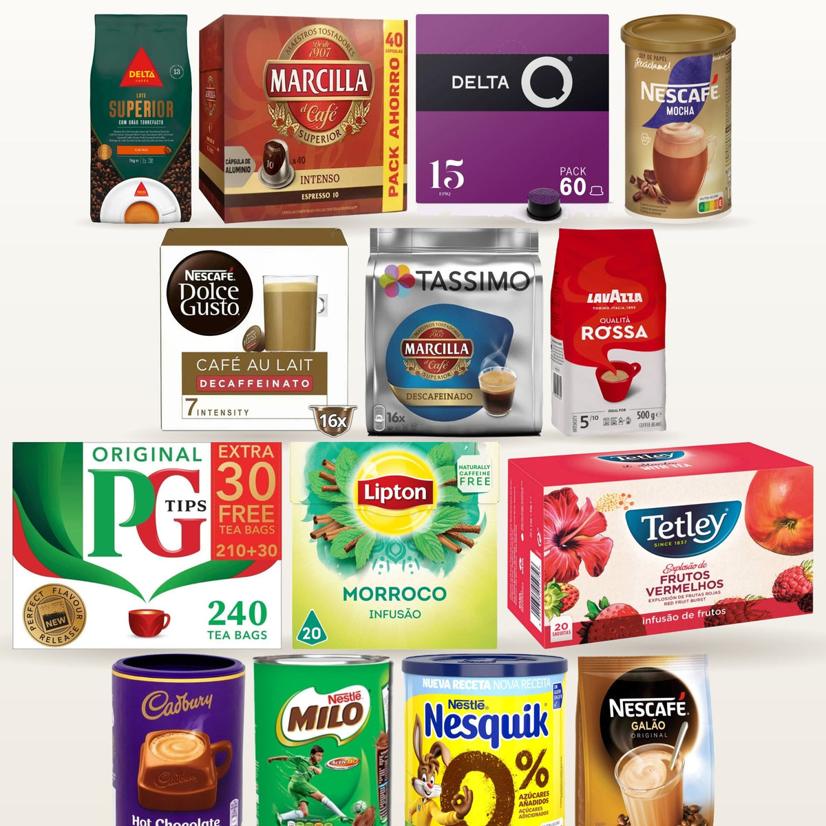 Coffee, tea and hot drinks including Delta coffee beans, Nespresso and Delta Q capsules, Nescafé, PG Tips, Lipton, Cadbury hot chocolate and Milo