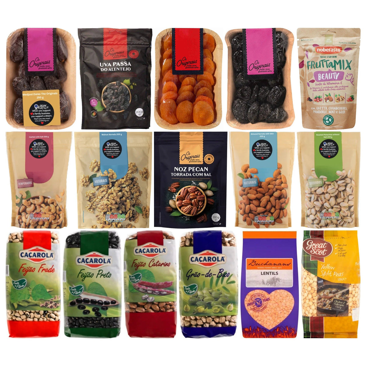 Dried fruits, nuts, seeds and pulses: Medjool dates, raisins, apricots, cashews, walnuts, pecans and Cacarola dried beans
