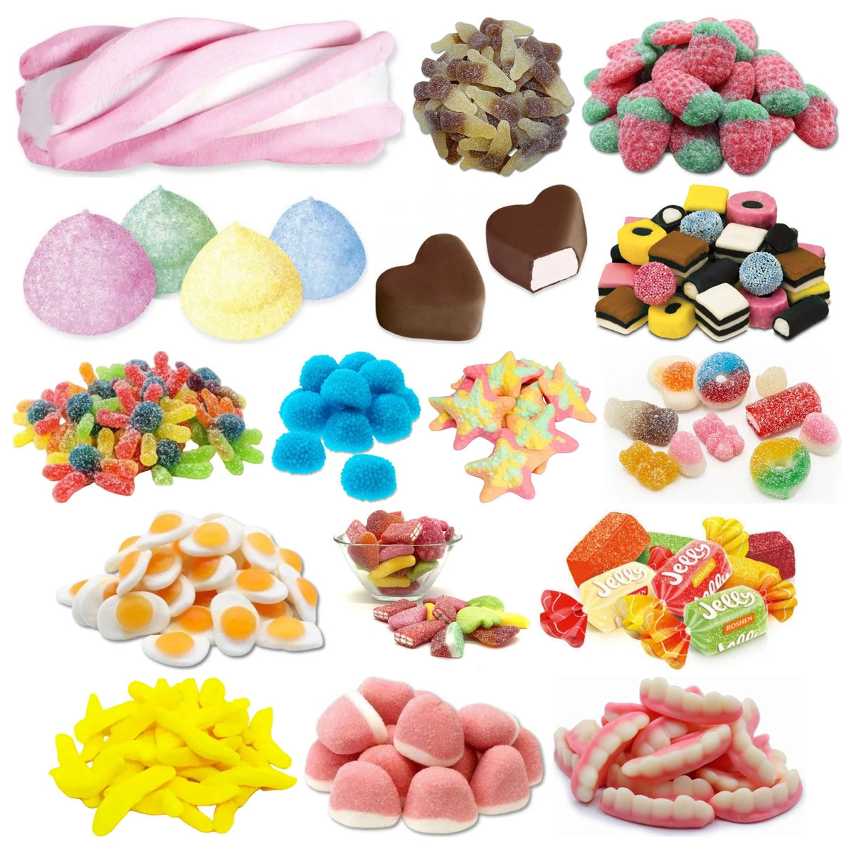 Gummies and candy by weight: marshmallow twists, sour cola bottles, sour strawberries, foam golf balls, liquorice allsorts, fried eggs, jelly sweets and chocolate marshmallow hearts
