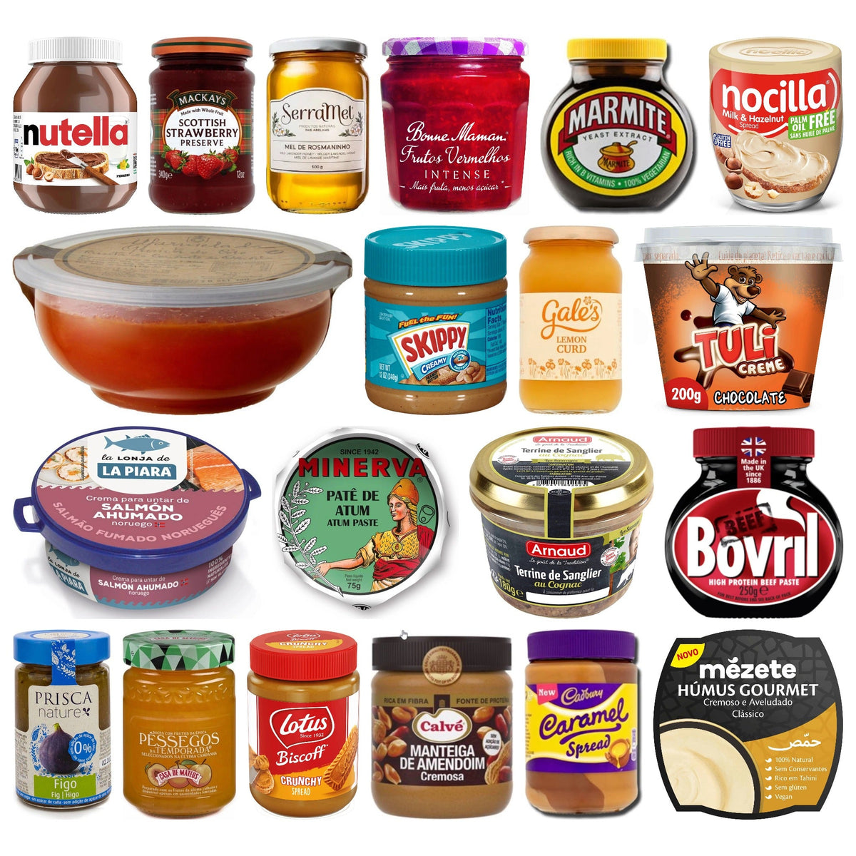 Jams, honey, spreads and pâtés: Nutella, Mackays and Bonne Maman jam, Serramel honey, Marmite, Bovril, Skippy peanut butter, quince paste, tuna and salmon pâté and hummus