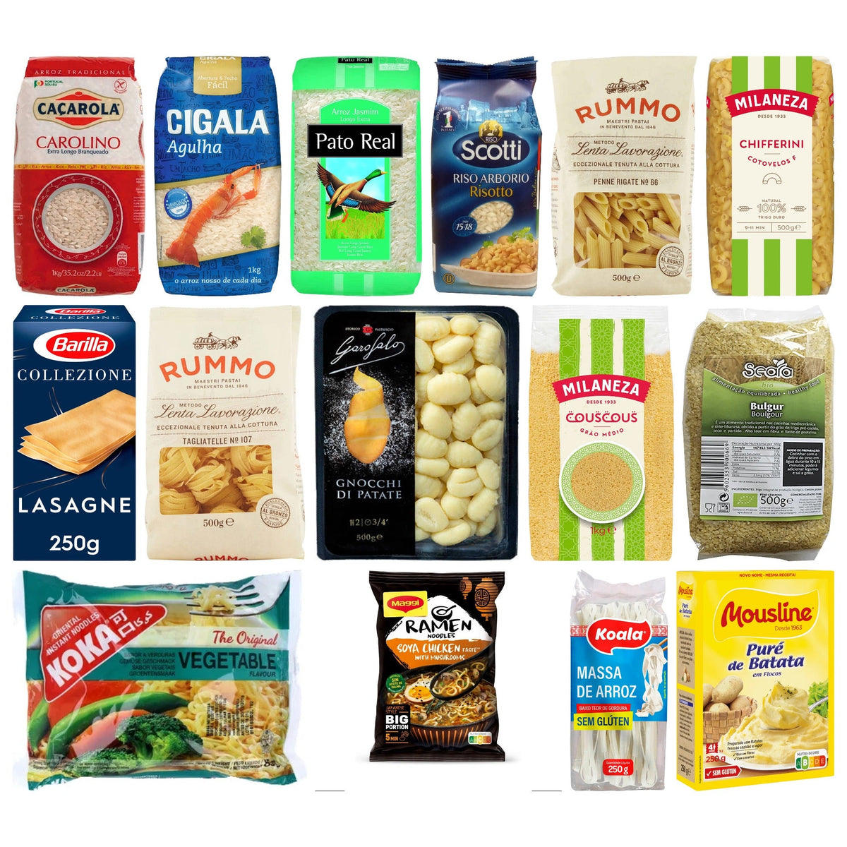 Rice, pasta, gnocchi, couscous, noodles and mashed potato from Caçarola, Cigala, Rummo, Barilla, Milaneza, Koka and Mousline