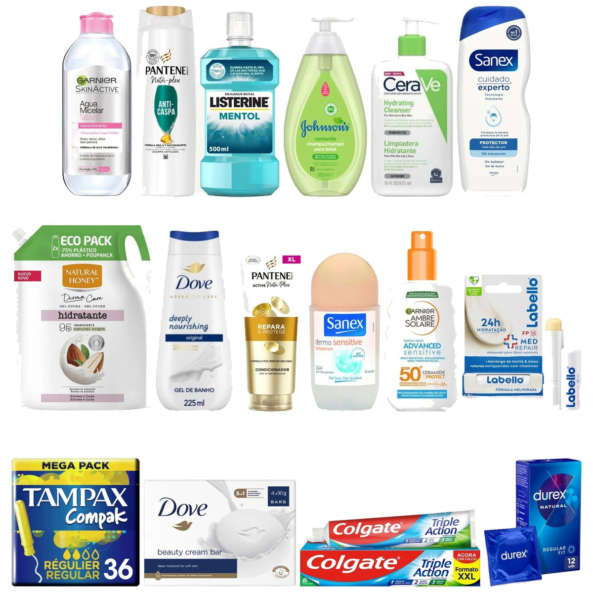 Beauty, health and personal care: Garnier micellar water, Pantene, Listerine, Johnson's Baby, CeraVe, Sanex, Dove, Labello, Tampax, Colgate and Durex