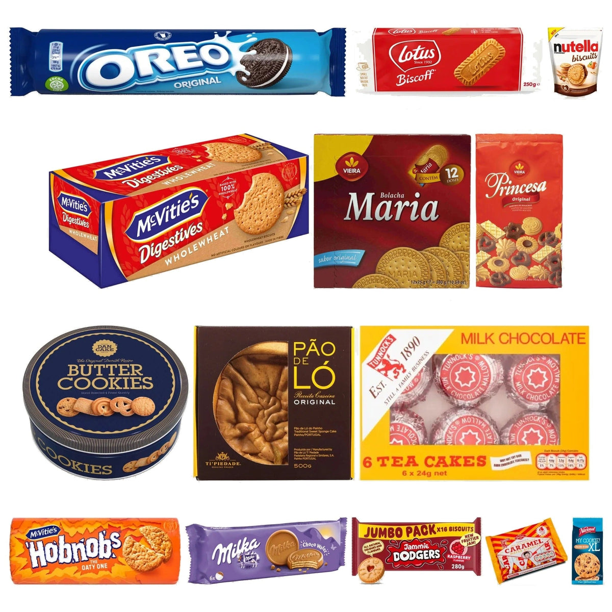 Biscuits, cookies and cakes: Oreo, Lotus Biscoff, Nutella Biscuits, McVitie's Digestives and Hobnobs, Vieira Maria, Pão de Ló, butter cookie tin, Tunnock's tea cakes and Jammie Dodgers