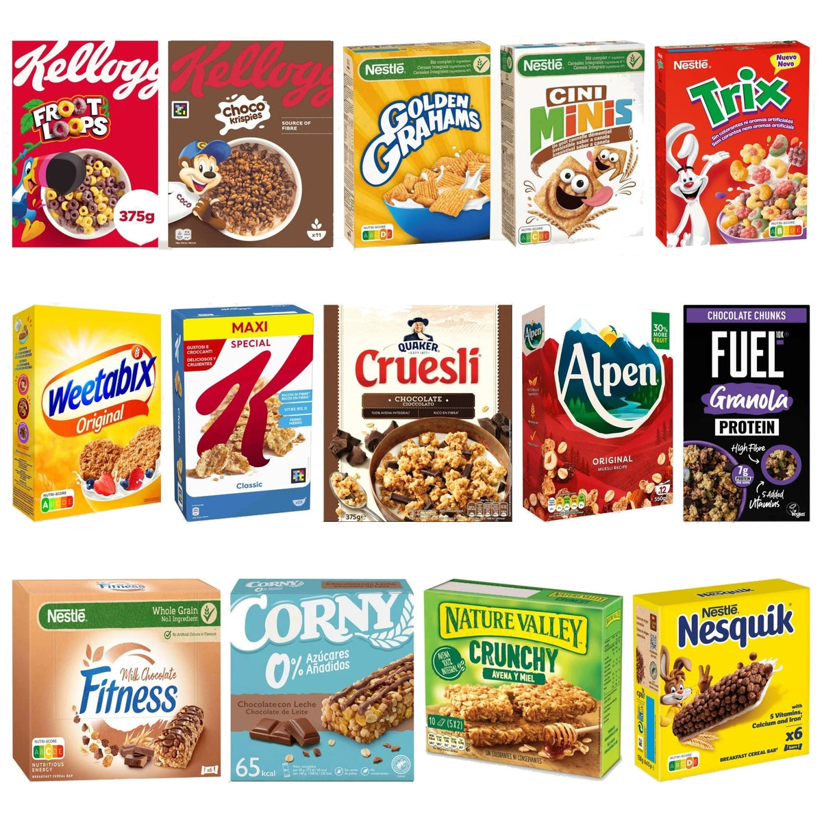 Cereals, granola and energy bars with Kellogg's, Nestlé, Weetabix, Quaker, Alpen, Corny and Nature Valley