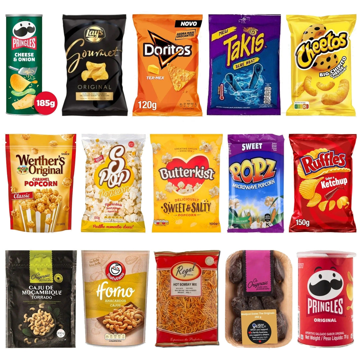 Chips, popcorn and snacks with Pringles, Lay's, Doritos, Takis, Cheetos, Werther's popcorn, cashews and dates