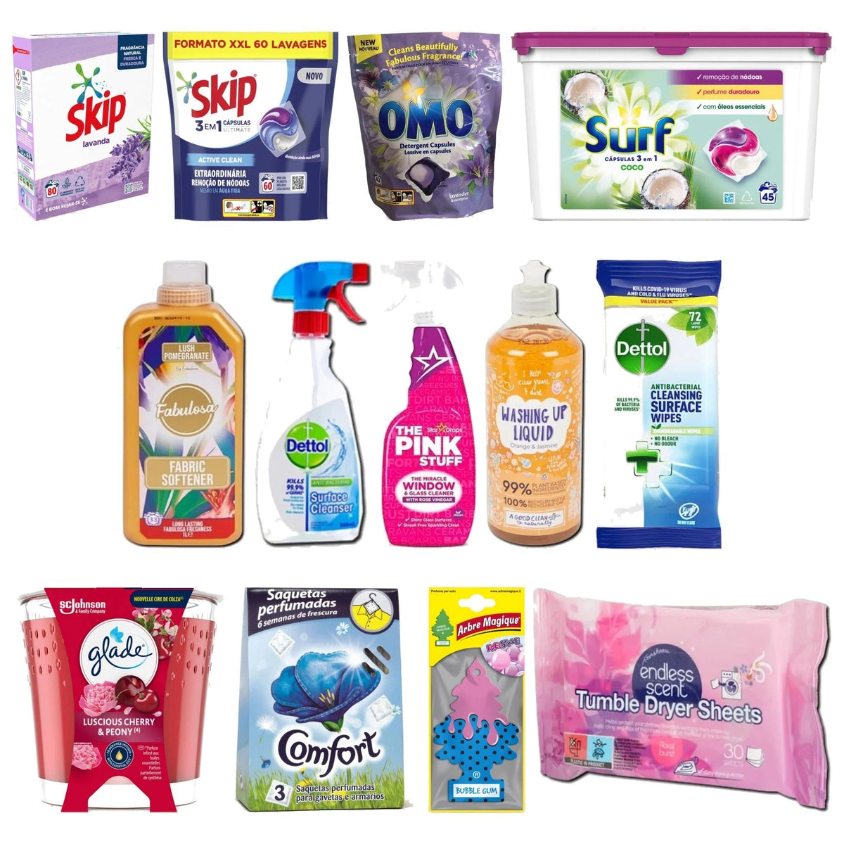 Cleaning and household products including Skip, Omo and Surf laundry, Dettol, The Pink Stuff, Glade candles and air fresheners