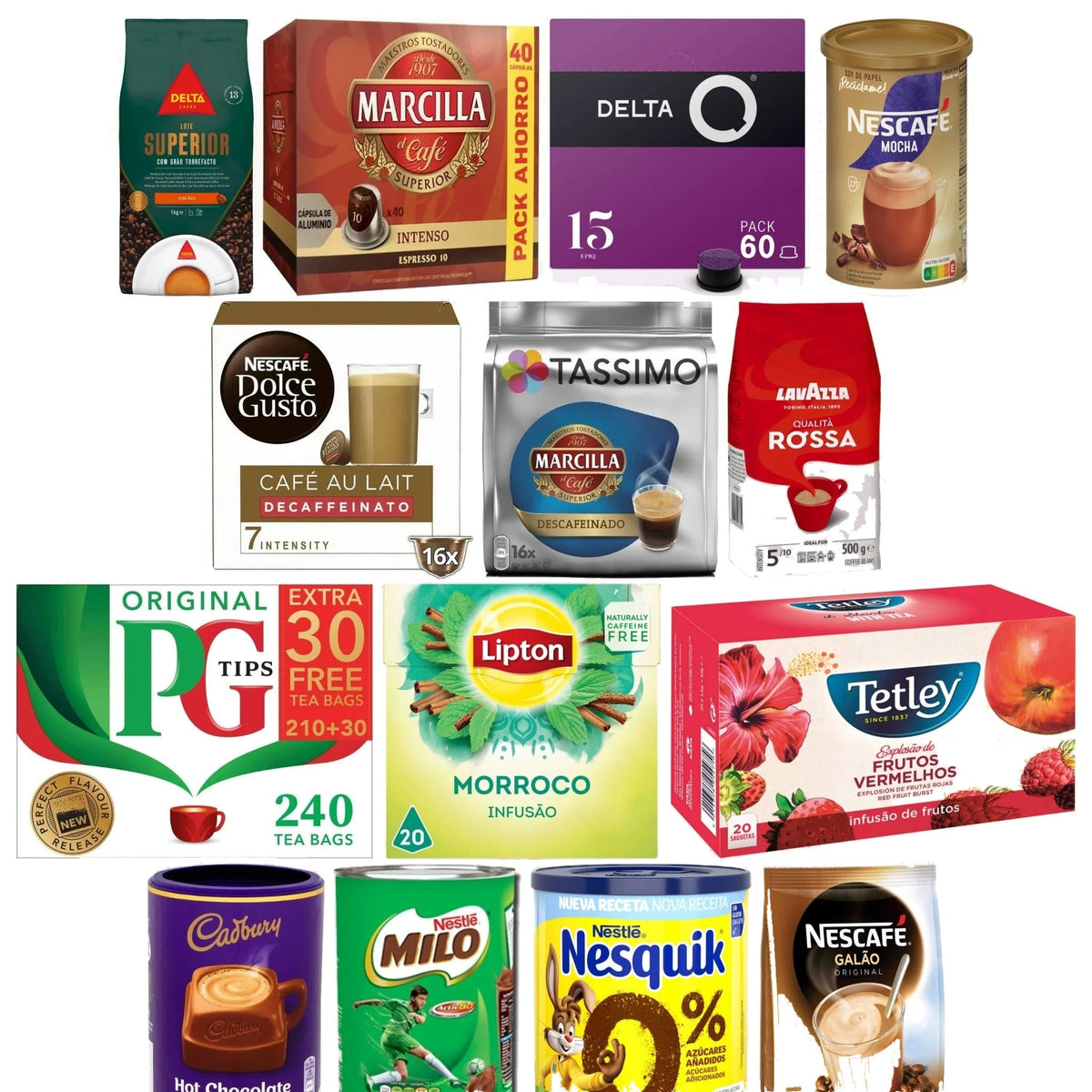 Coffee, tea and hot drinks including Delta coffee beans, Nespresso and Delta Q capsules, Nescafé, PG Tips, Lipton, Cadbury hot chocolate and Milo