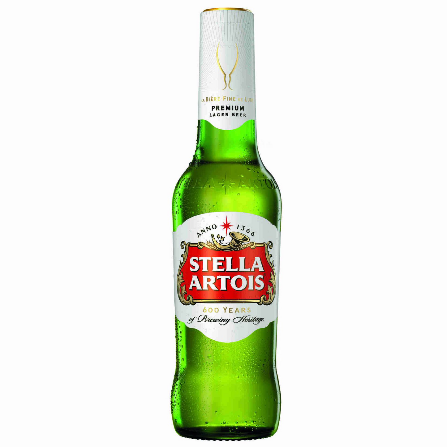 A 330ml bottle of Stella Artois beer with a visible label and branding.