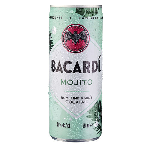 Bacardi Mojito Cocktail 250ml 5% ABV ready-to-drink white rum cocktail with lime and mint from the Mixed Ready Drinks and Discover Top Rums collections