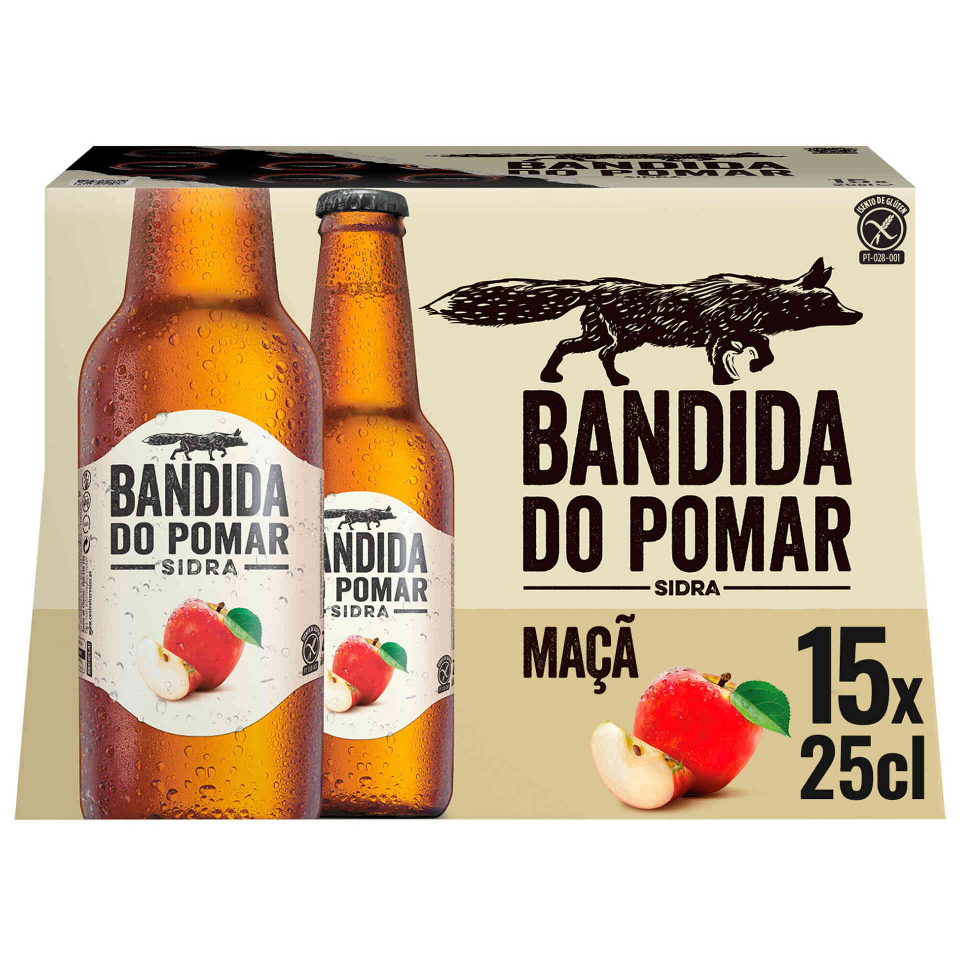 Packaging for Bandida do Pomar Red Apple Cider showing a 15 pack of 250ml bottles with the brand logo, apple images, and the text 'Bandida do Pomar Sidra Maça'.