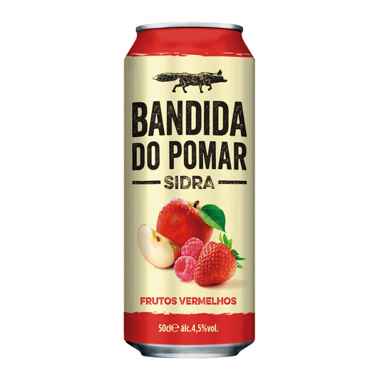 A can of Bandida do Pomar Red Fruit Cider with a picture of an apple and strawberries on the label, indicating a bold, fruity flavor.