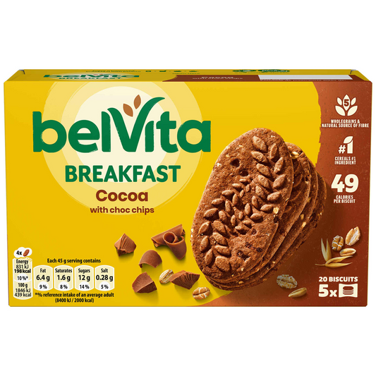 Belvita Chocolate and Cereal Cookies 225g pack – crunchy wholegrain breakfast biscuits with chocolate chips – Cookies and Rusks – South African Products