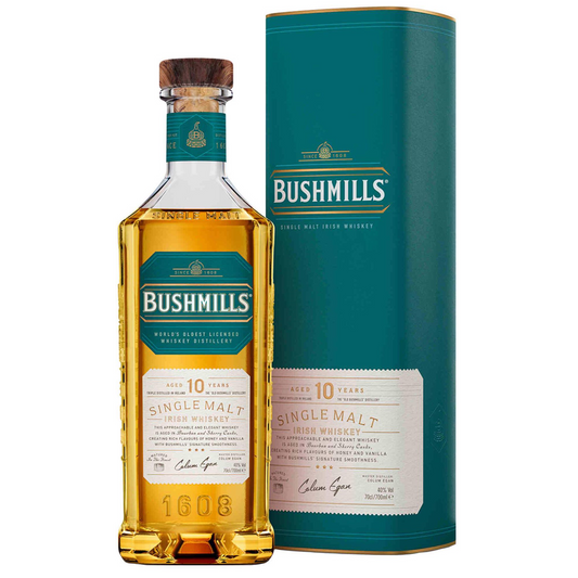 Bushmills 10 Year Old Single Malt Irish Whiskey 700ml 40% ABV triple distilled premium whiskey with ripe fruit honey vanilla milk chocolate and toasted oak