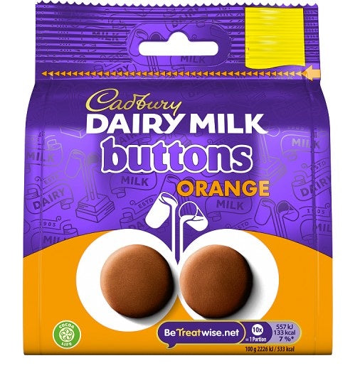Cadbury Orange Buttons 85 g milk chocolate buttons with orange flavour, British chocolate snack, citrus chocolate sweets, imported Cadbury confectionery, chocolate buttons collection