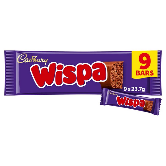 Cadbury Wispa 9 pack 162g aerated bubbly milk chocolate bars Cadbury multipack classic British chocolate snack bars