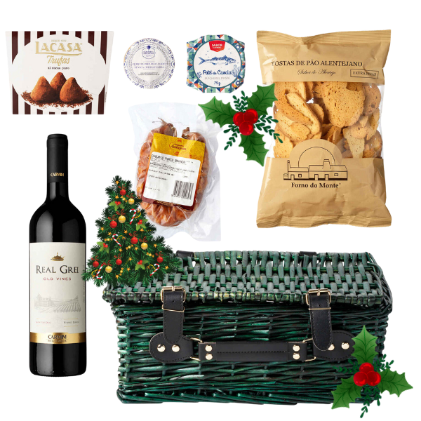 Christmas Hamper – Real Grei DOC Carmim red wine, Soalheira cheese, Alentejo chorizo, La Casa truffles and Lusitanian pâté – festive gourmet gift basket – South African Products
