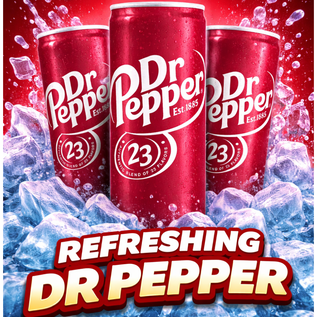 Dr Pepper 330 ml can classic soda 23 flavours refreshing fizzy drink carbonated soft drink chilled beverage popular drinks festive