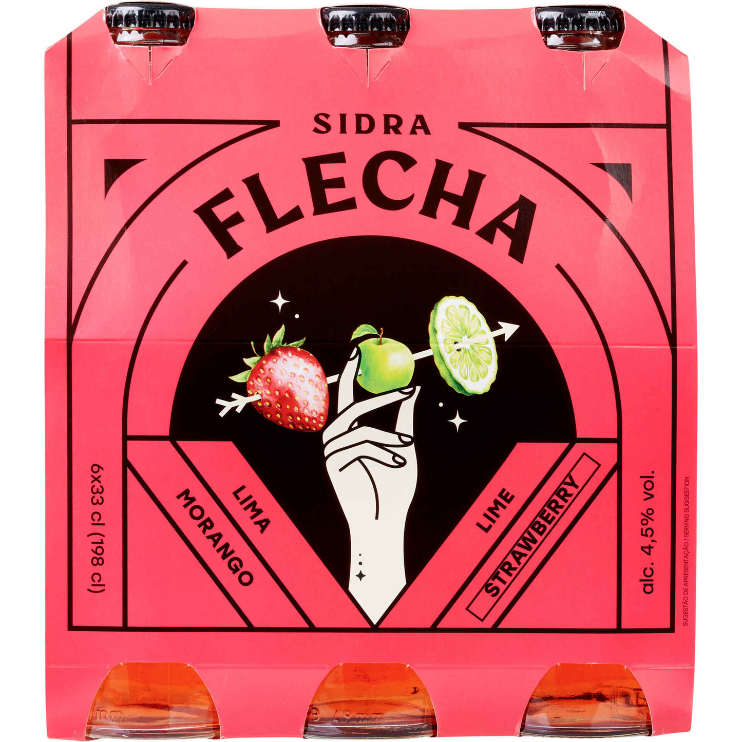 Sidra Flecha packaging with a pink background and fruit illustrations.