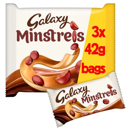 Galaxy Minstrels 3 pack 3x42g smooth milk chocolate bites with crisp shell Galaxy chocolate snack bags multipack