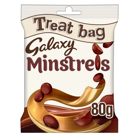 Galaxy Minstrels bag 80g smooth milk chocolate bites with crisp shell classic Galaxy chocolate snack bag