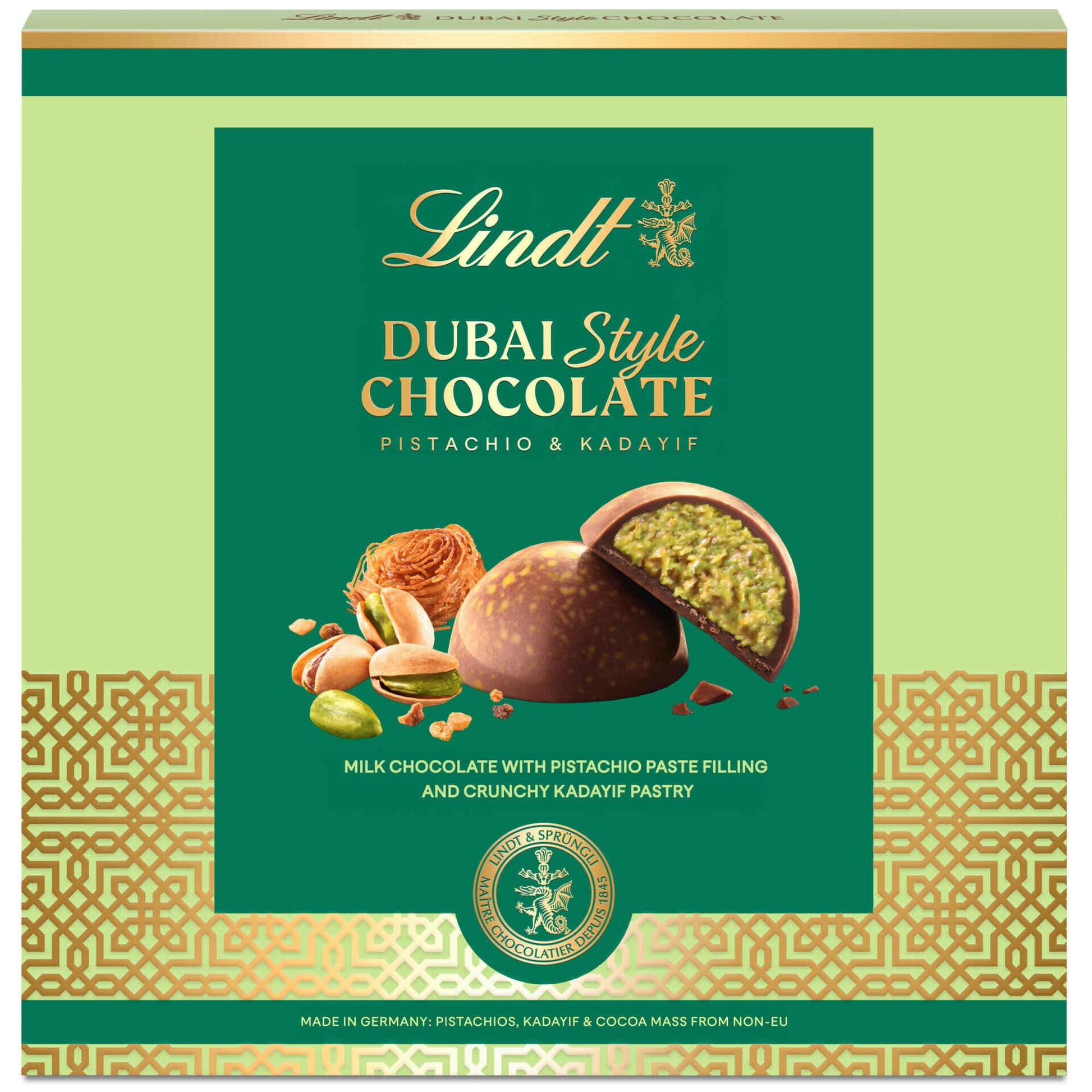 Lindt Dubai Style milk chocolate and pistachio bonbons 90 g – exotic gift box selection, premium pistachio chocolate, festive gourmet confectionery