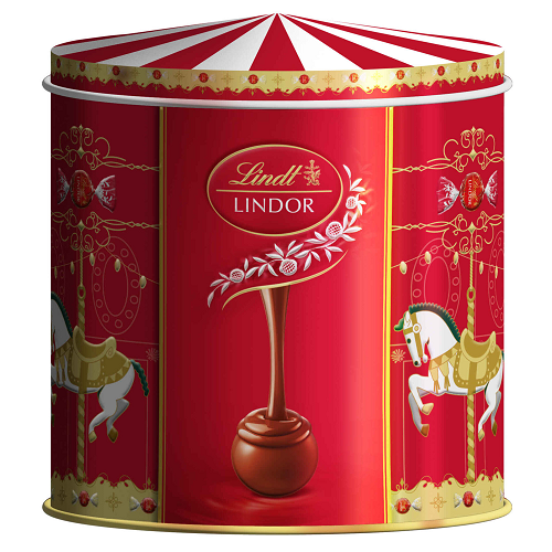 Lindt Lindor Milk Chocolate Bonbons Musical Tin Cornet 225 g – Swiss chocolate gift tin, holiday bonbons, Secret Santa and Black Friday treat.