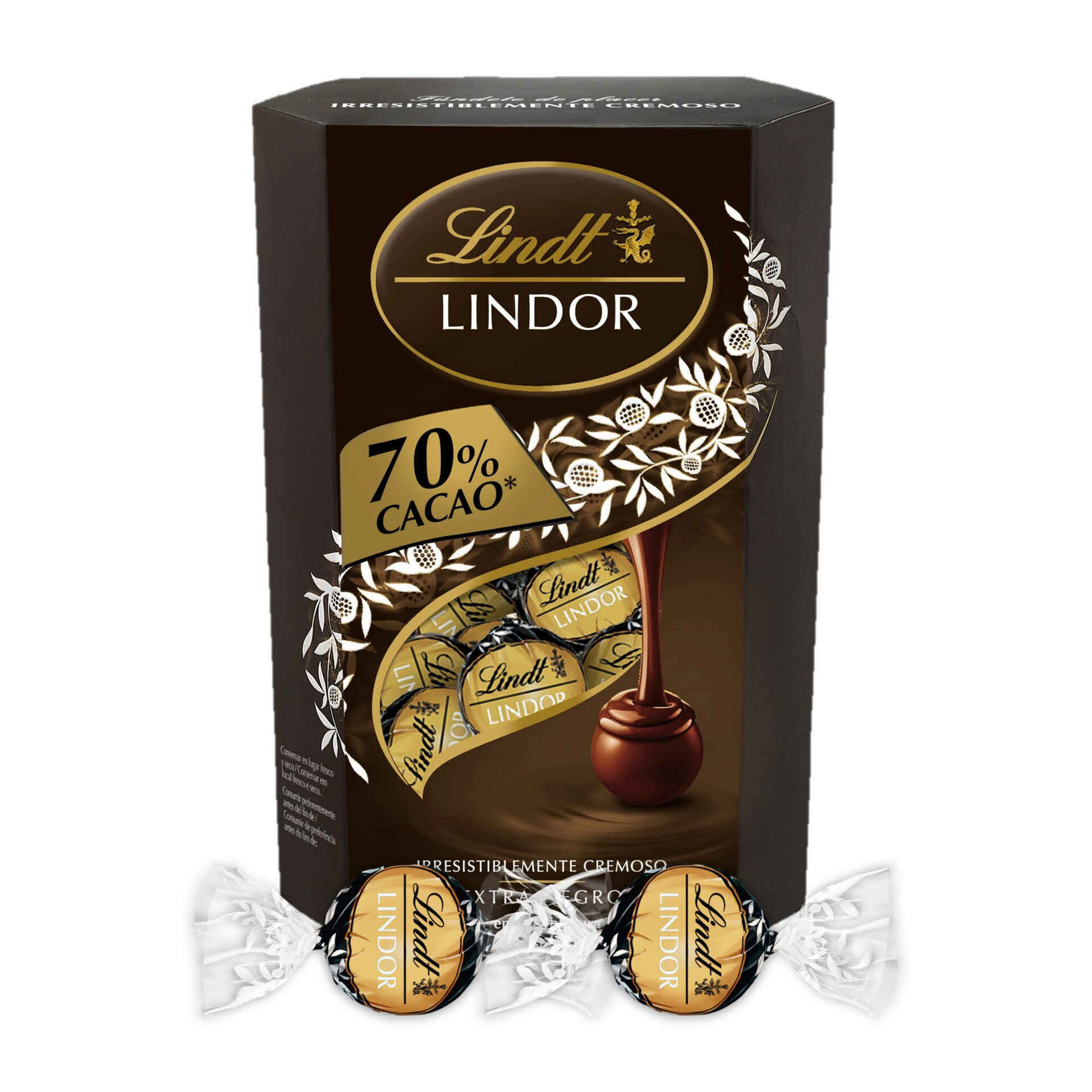 Lindt Lindor dark chocolate bonbons 70% 200 g – premium Swiss dark chocolate gift box, intense cocoa praline selection, festive gourmet confectionery