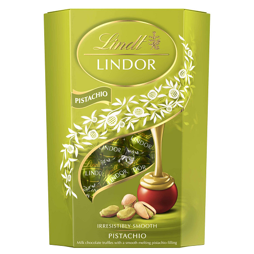 Lindt Lindor milk chocolate and pistachio bonbons 200 g – Swiss praline chocolates, festive gift box, Black Friday and Secret Santa treats.
