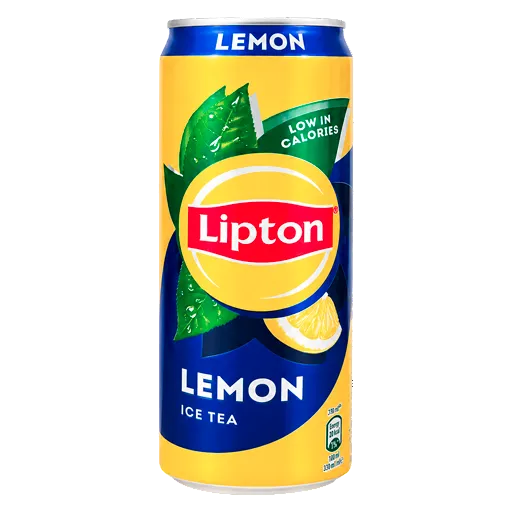 A can of Lipton Lemon Ice Tea on a plain white background. The can features a bright yellow and dark blue design with green tea leaves and a lemon slice graphic.
