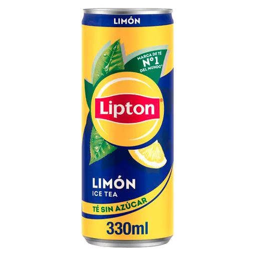 A 330ml can of Lipton Limón Ice Tea, sugar-free, featuring a bright yellow and dark blue label with a red Lipton logo and illustrations of tea leaves and a lemon slice.