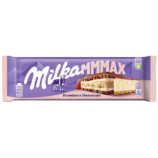 Milka Strawberry Cheesecake Chocolate Slab 300g XXL Alpine milk chocolate with strawberry cheesecake filling South African Products