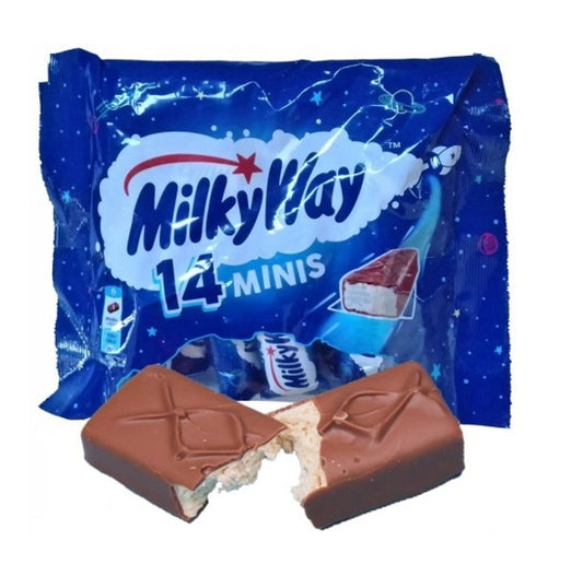 Milky Way minis 14 pack 227g mini milk chocolate bars with soft nougat centre multipack chocolate snack bars