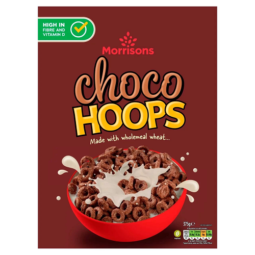 Morrisons Choco Hoops 375g chocolate breakfast cereal crunchy hoops children's cereal family breakfast cereal British cereal