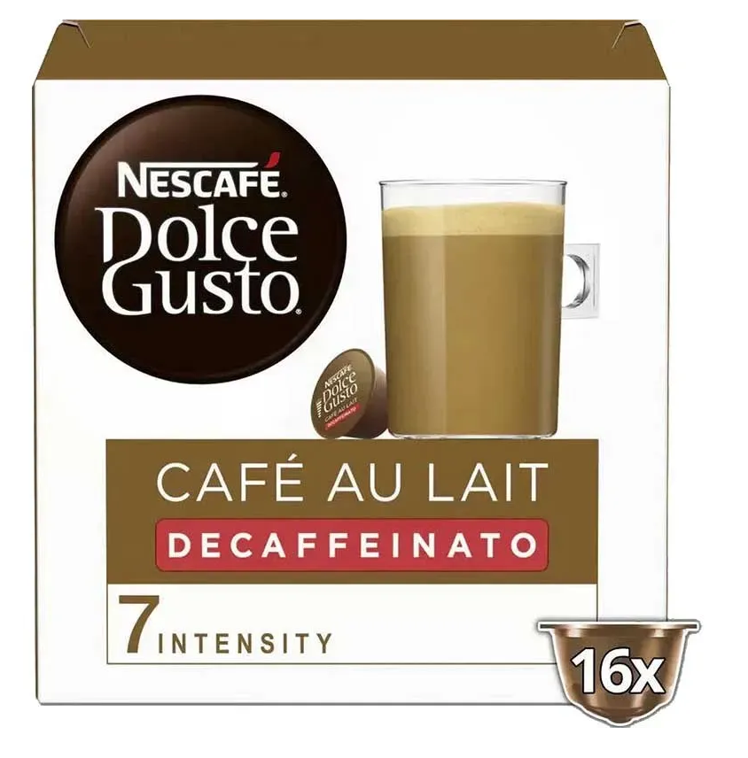 Nescafé Decaffeinated Café Au Lait coffee capsules 16 pack Dolce Gusto compatible creamy milk decaf coffee pods smooth caffeine free capsules
