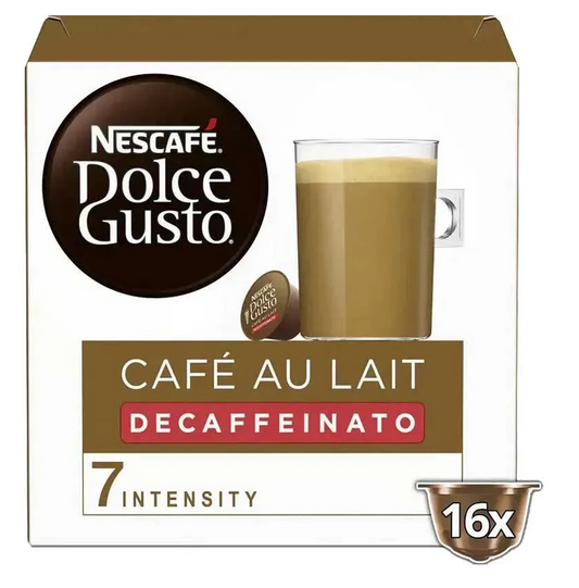 Nescafé Decaffeinated Café Au Lait coffee capsules 16 pack Dolce Gusto compatible creamy milk decaf coffee pods smooth caffeine free capsules