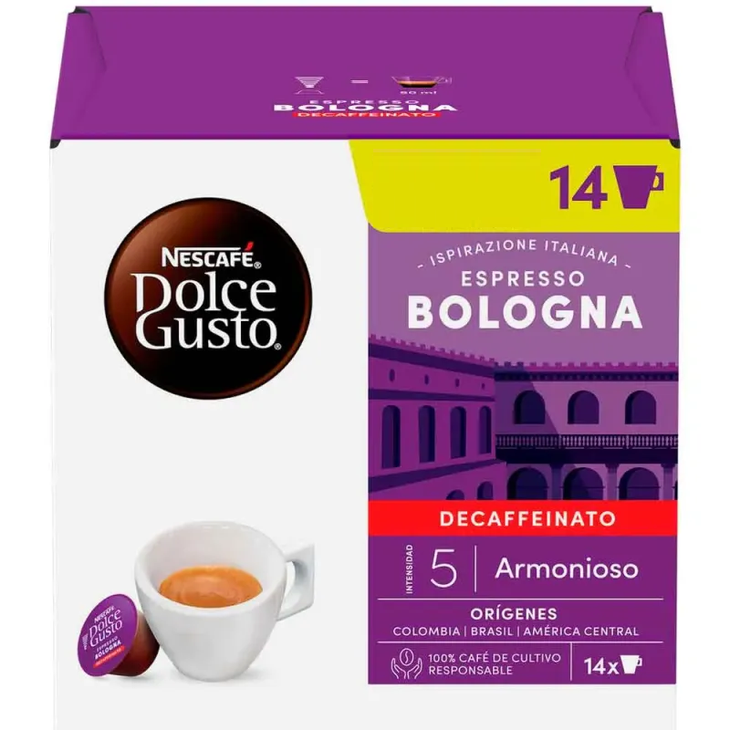 Nescafé Decaffeinated Espresso Bologna coffee capsules 16 pack Dolce Gusto compatible Italian decaf espresso pods rich flavour capsules
