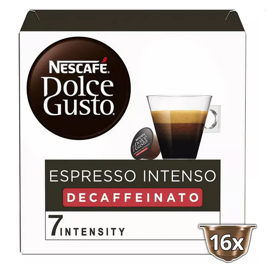 Nescafé Decaffeinated Intense Espresso coffee capsules 16 pack Dolce Gusto compatible strong decaf espresso pods rich roasted coffee capsules