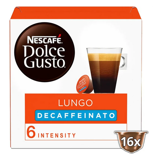 Nescafé Decaffeinated Lungo coffee capsules 16 pack Dolce Gusto compatible long decaf coffee pods smooth flavour capsules