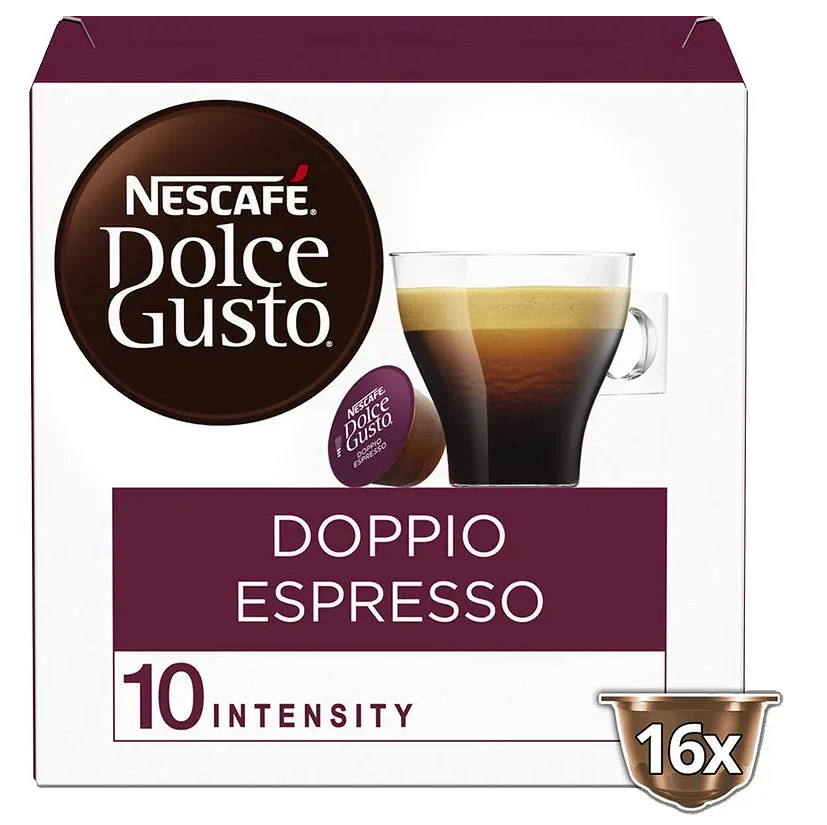 Nescafé Doppio Espresso coffee capsules 16 pack Dolce Gusto compatible double shot espresso pods strong dark roast coffee capsules