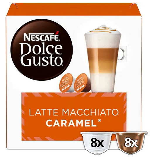 Nescafé Latte Macchiato Caramel coffee capsules 16 pack Dolce Gusto compatible creamy caramel latte pods smooth milk coffee capsules