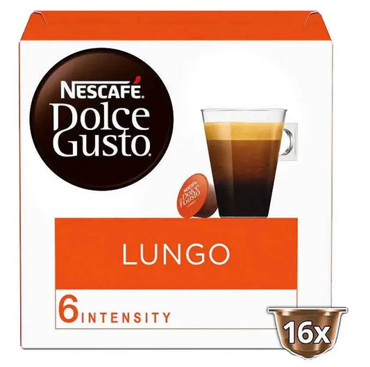 Nescafé Lungo capsules for Dolce Gusto compatible machines. Smooth long coffee with balanced flavour and refined finish.