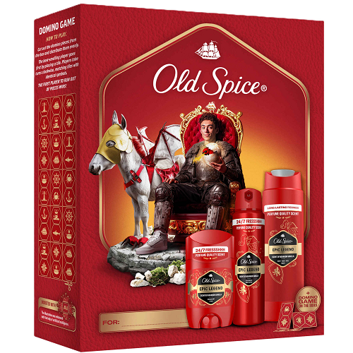 Old Spice Epic Legend Aftershave Gift Set with Domino Offer – men’s fragrance and grooming gift bundle, festive Secret Santa and Black Friday deal.