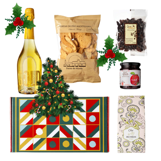 Portuguese Christmas Hamper – Gold Moscato sparkling wine, Gardunha jam, Lusitanian tea, raisins and toast – festive sweet gourmet gift set – South African Products