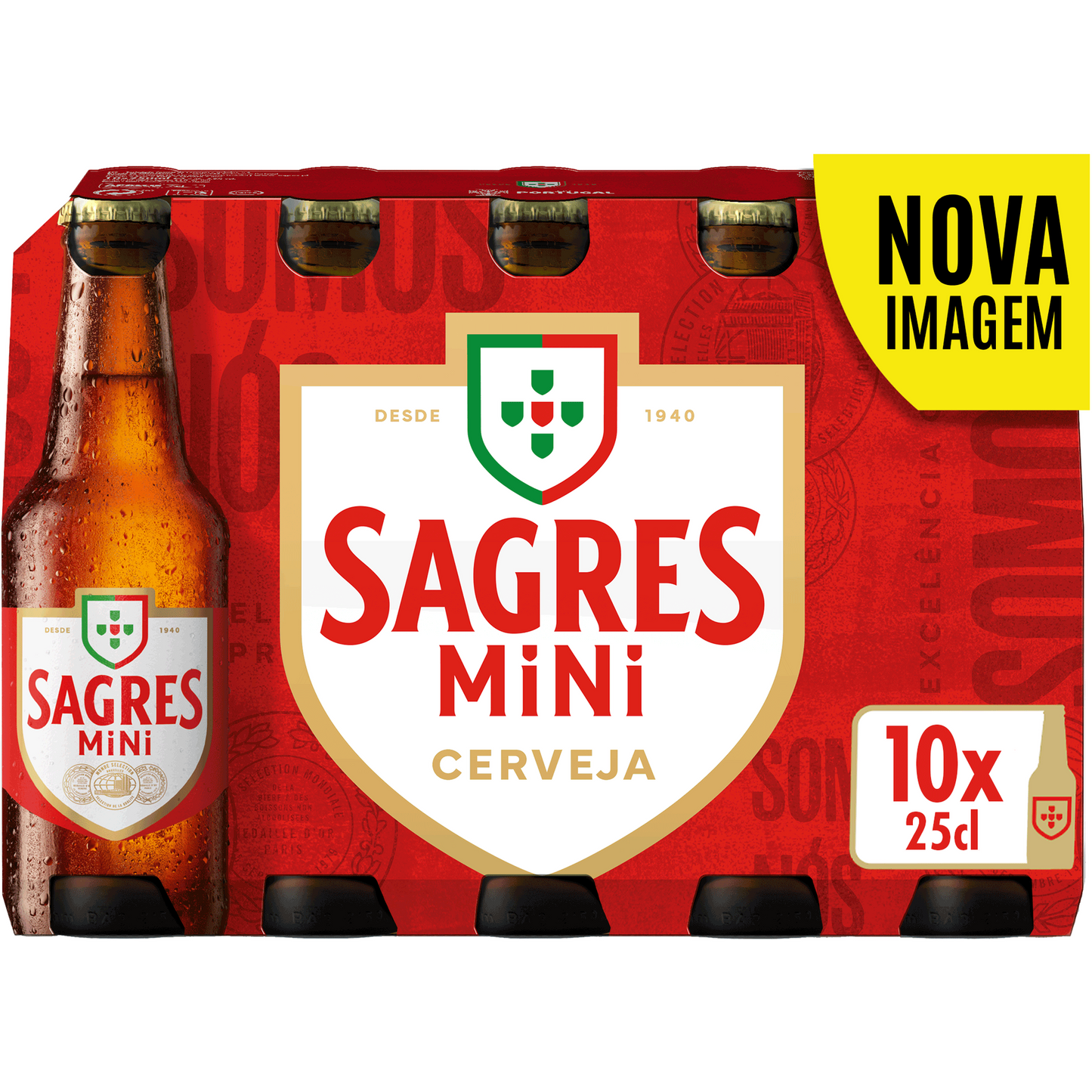 A pack of Sagres Mini beer bottles, with a red background and the Sagres logo displayed.